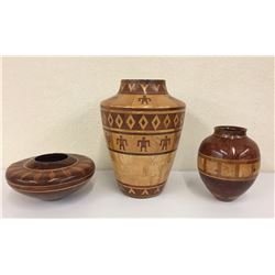3 Handmade Wood Inlay Pots