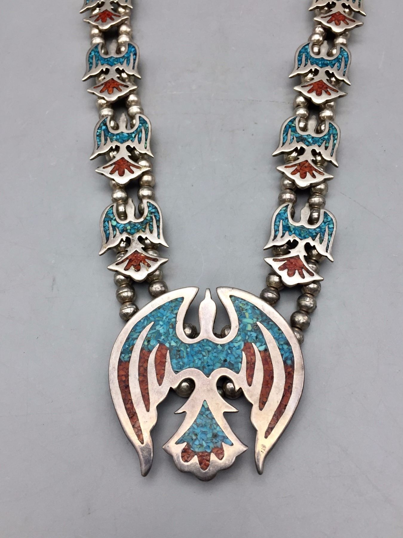 Vintage Turquoise and Coral Inlay Squash Blossom Necklace