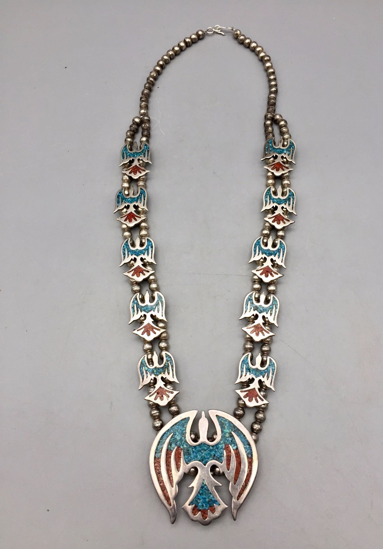 Vintage Turquoise and Coral Inlay Squash Blossom Necklace