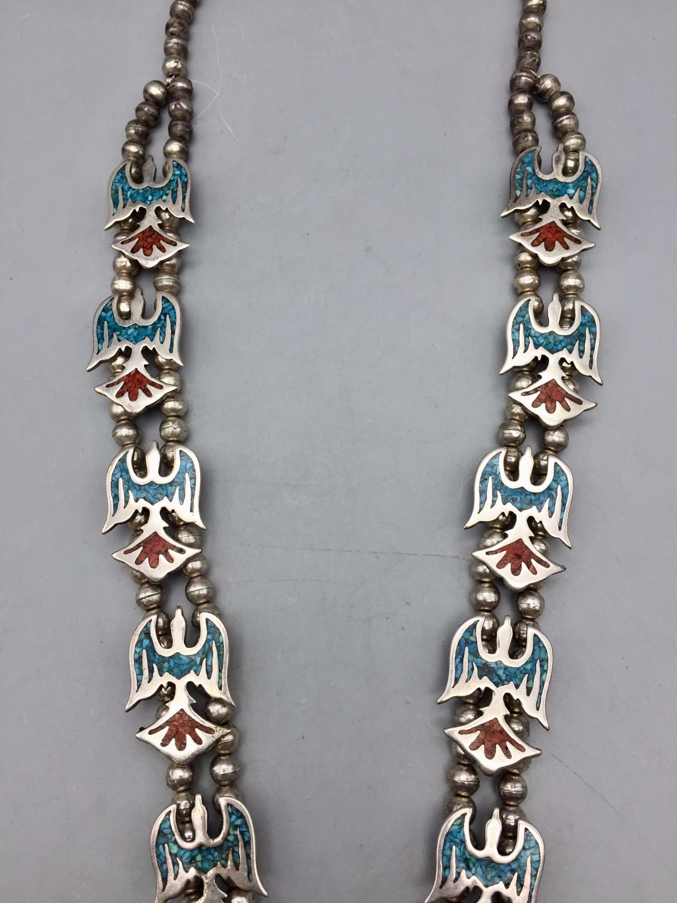 Vintage Turquoise and Coral Inlay Squash Blossom Necklace