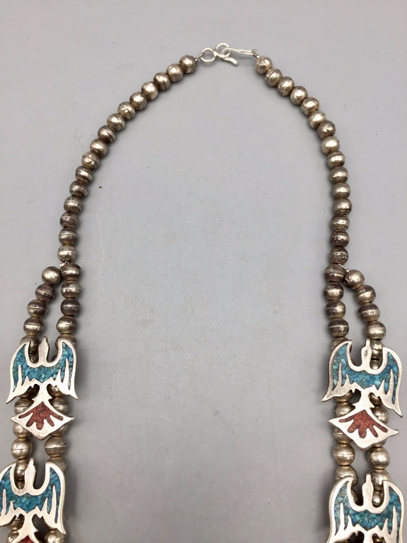 Vintage Turquoise and Coral Inlay Squash Blossom Necklace
