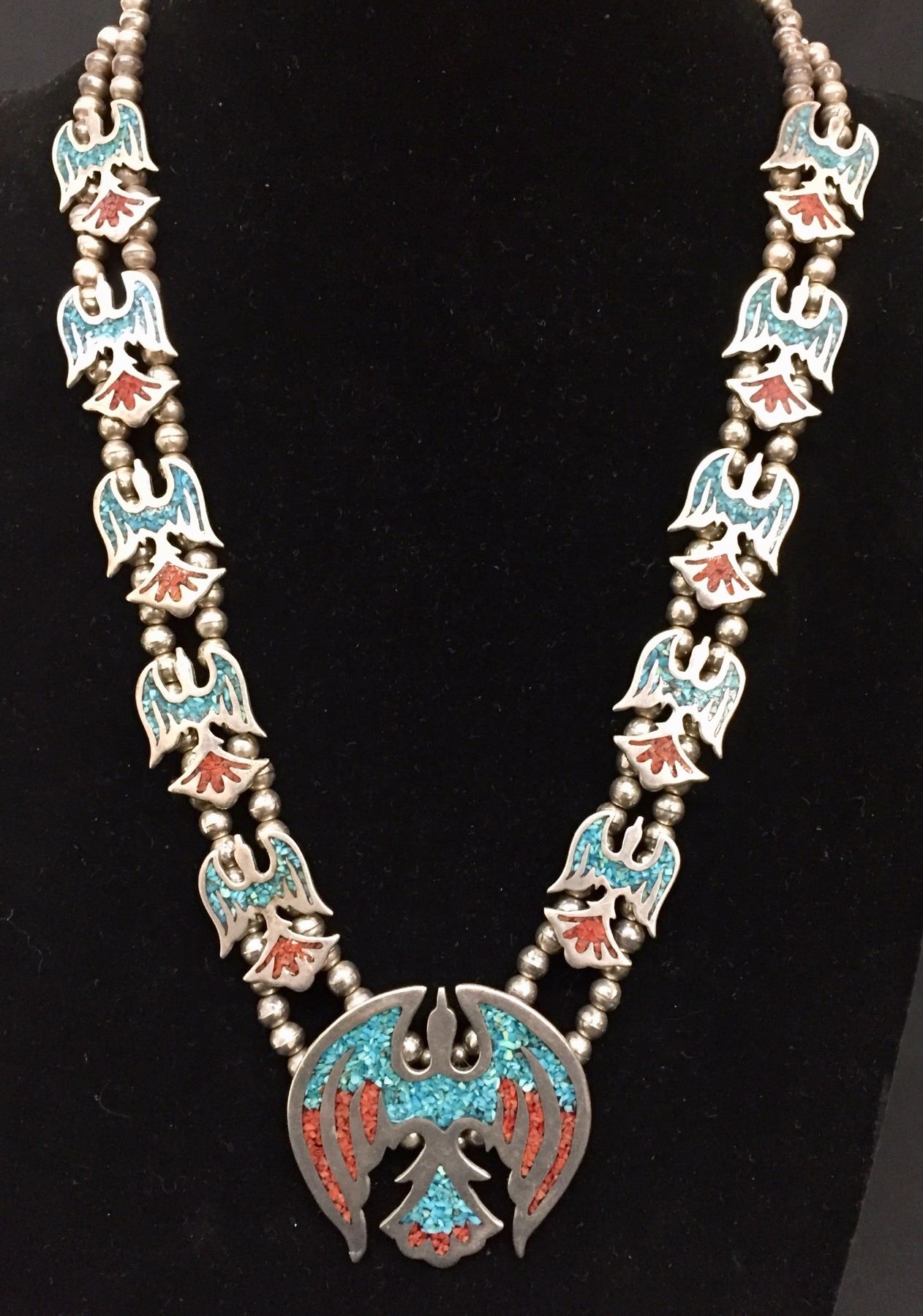 Vintage Turquoise and Coral Inlay Squash Blossom Necklace
