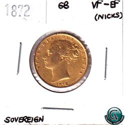 Great Britain 1872 Full Gold Sovereign, young head shield design, in Choice VF-EF.