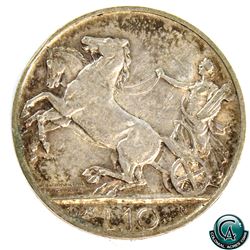 Italy 1928R Silver 10 Lire *RARE* (KM-68.1). A nice EF coin with some light patina throughout.