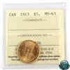Canada 1913 $5 Gold ICCS Certified MS-63. Great eye appeal!