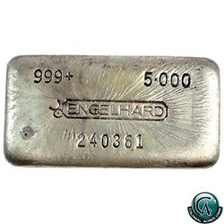 Vintage Engelhard 5oz Cast Fine Silver Bar - 7th Series with Bull Mark - (Tax Exempt). Serial #24036