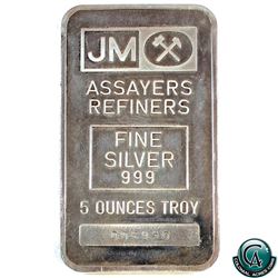 Vintage Johnson Matthey 5oz Fine Silver Bar with Blank Reverse (Tax Exempt). Serial #006950