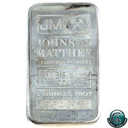 Vintage Johnson Matthey 5oz Fine Silver Bar with JM Logo Reverse (Tax Exempt). Serial #064613.