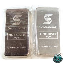 Scarce! Pair of Johnson Matthey - Scotiabank 10oz Fine Silver Bars - Consecutive (Tax Exempt). Bars 