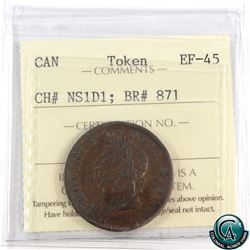 Token NS1D1, Nova Scotia 1832 Half Penny Breton #871 ICCS Certiifed EF-45.