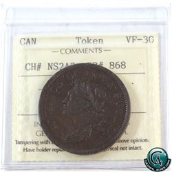 Token NS2A3, Nova Scotia 1824 One Penny Breton # 868 ICCS Certified VF-30.