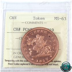 Token PC6D, Upper Canada 1857 One Penny BR# 719 ICCS Certified MS-63.