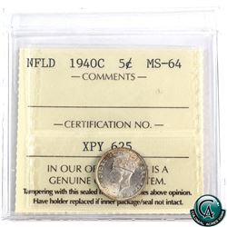 Newfoundland 5-cent 1940-C ICCS Certified MS-64. Only 3 graded Higher