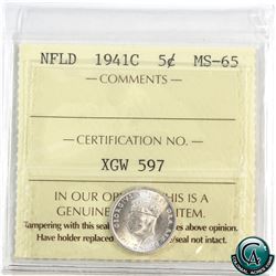 Newfoundland 5-cent 1941C ICCS Certified MS-65. Blast white coin with exceptional eye appeal!.