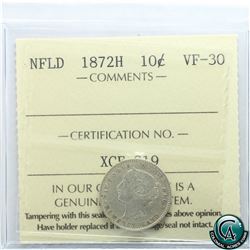 Newfoundland 10-cent 1872H ICCS Certified VF-30