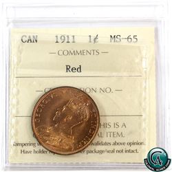 1-cent 1911 ICCS Certified MS-65. Coin contains strong strike qualities with an appealing mint lustr