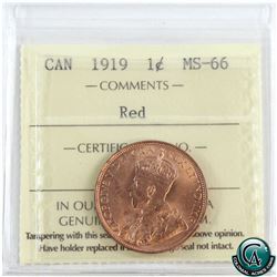 1-cent 1919 ICCS Certified MS-66 RED! Top Grade, 1 of 6 known!