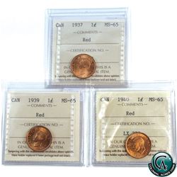 1-cent 1937, 1939, 1940 ICCS Certified MS-65 Red. A nice lot of coins containing vibrant mint luster