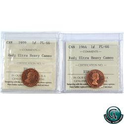 1-cent 1959 & 1964 ICCS Certified PL-66 Red; Ultra Heavy Cameo. 2pcs