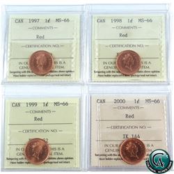 1-cent 1997, 1998, 1999, 2000 ICCS Certified MS-66 Red. 4pcs.