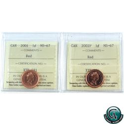 1-cent 2001 & 2002P ICCS Certified MS-67 Red. 2pcs.