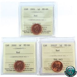 1-cent 2001, 2002P, 2002 ICCS Certified MS-66. 3pcs.