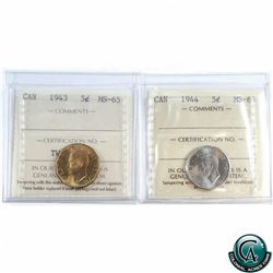 5-cent 1943 Tombac & 1944, Both ICCS Certified MS-65. 2pcs.