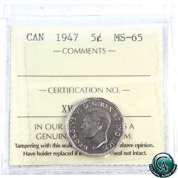 5-cent 1947 ICCS Certified MS-65. Tied for finest known by ICCS.