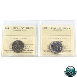 5-cent 1949 & 1952 ICCS Certified MS-65. 2pcs