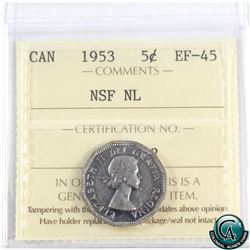 5-cent 1953 Mule NSF NL ICCS Certified EF-45. A nice example of a scarce variety!