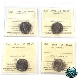 5-cent 1955, 1956, 1958 & 1960 ICCS Certified MS-65. 4pcs