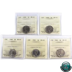 5-cent 1958-1962 ICCS Certified MS-65. 5pcs