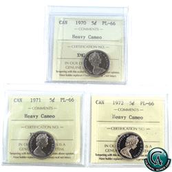 5-cent 1970, 1971 & 1972 ICCS Certified PL-66 Heavy Cameo. 3pcs