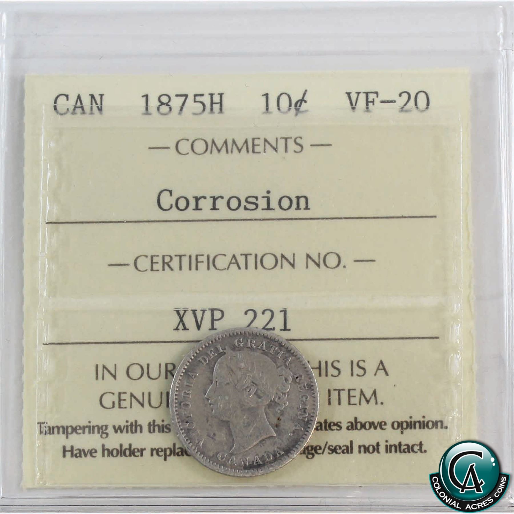 10 Cent 1875h Iccs Certified Vf 20 Key Date