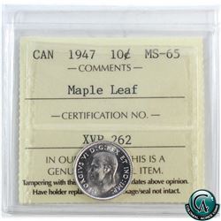 10-cent 1947 Maple Leaf ICCS Certified MS-65.