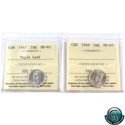 10-cent 1947 Maple Leaf & 1949 ICCS Certified MS-65. 2pcs