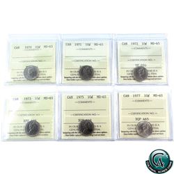 10-cent 1970, 1971, 1972, 1973, 1975, 1977 ICCS Certified MS-65. 6pcs.