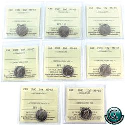 10-cent 1981, 1983, 1984, 1986, 1987, 1988, 1990, & 1992 ICCS Certified MS-65. 8pcs.