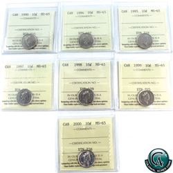 10-cent 1990, 1994, 1995, 1997, 1998, 1999, 2000 ICCS Certified MS-65. 7pcs.