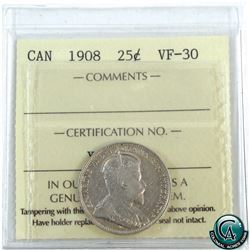 25-cent 1908 ICCS Certified VF-30.