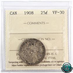 25-cent 1908 ICCS Certified VF-30.