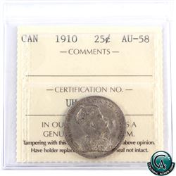 25-cent 1910 ICCS Certified AU-58. A nice even, medium toned coin overlying original mint luster.