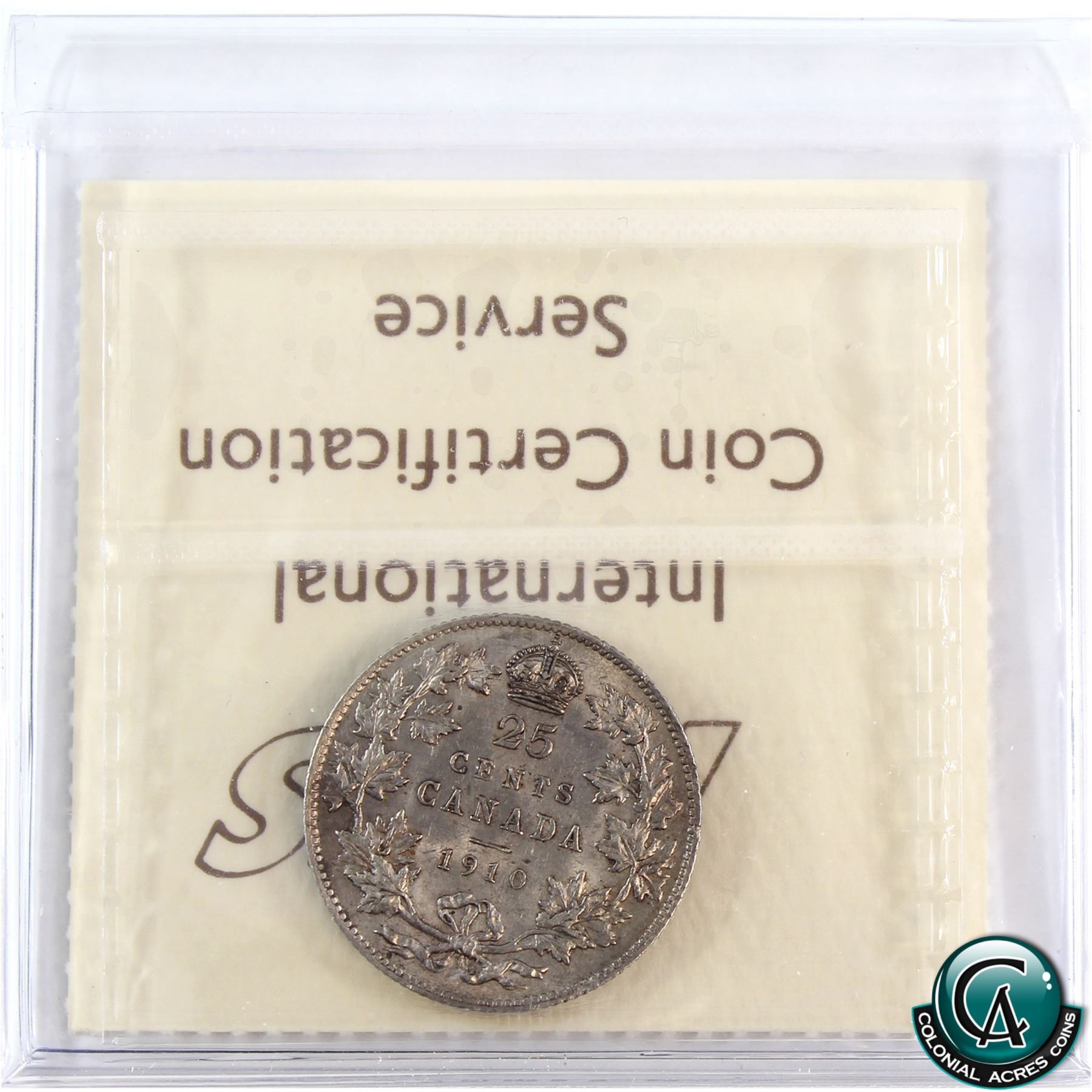 25cent 1910 ICCS Certified AU58. A nice even, medium toned coin