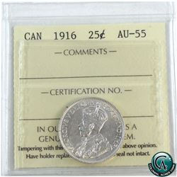 25-cent 1916 ICCS Certified AU-55. Blast white coin with original mint luster.