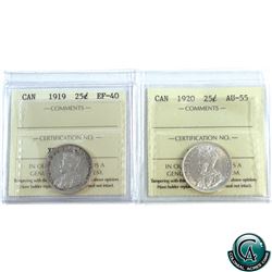 25-cent 1919 EF-40 & 1920 AU-55. Both ICCS Certified. 2pcs.