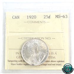 25-cent 1920 ICCS Certified MS-63