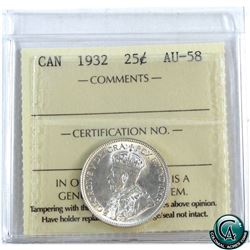 25-cent 1932 ICCS Certified AU-58. Full white coin with flashy mint luster.