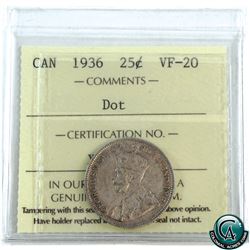 25-cent 1936 Dot ICCS Certified VF-20. A nice mid-grade, even rose toned coin of a scarcer variety.