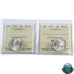 25-cent 1936 MS-62 & 1937 MS-63. Both ICCS Certified. 2pcs.