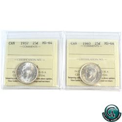 25-cent 1937 & 1940 ICCS Certified MS-64. 2pcs.